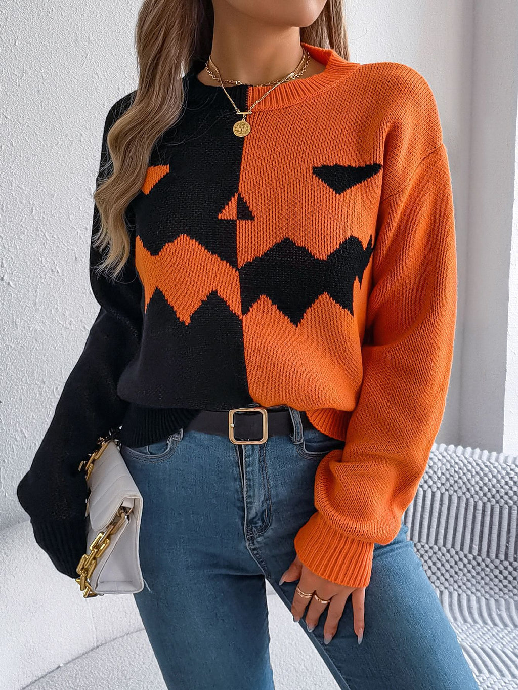 Split Contrast Carved Face Halloween Knit Sweater - Orange - 3