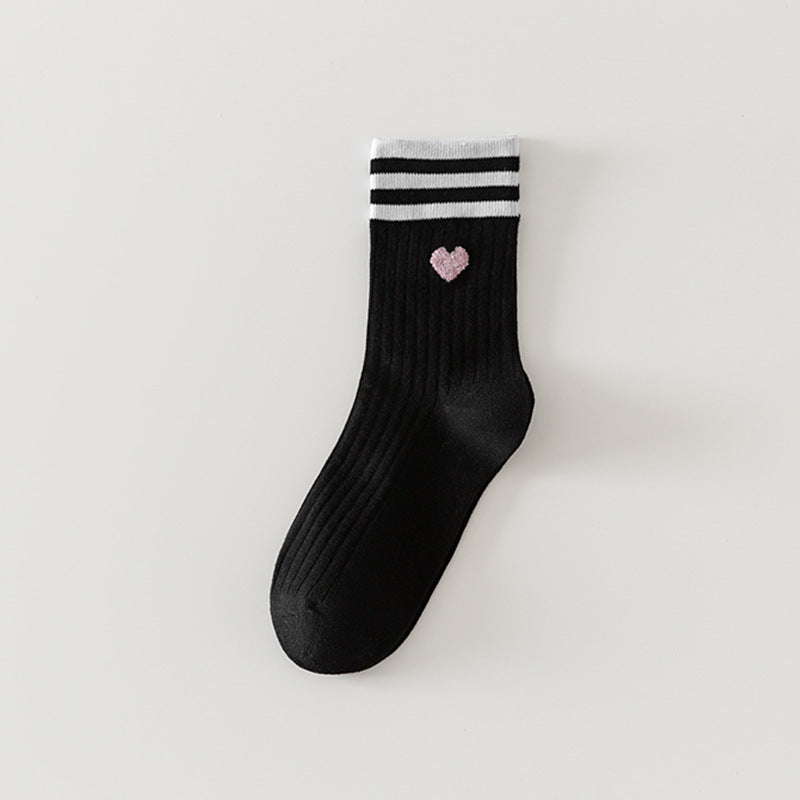 Heart Embroidered Varsity Stripe Crew Socks - Black