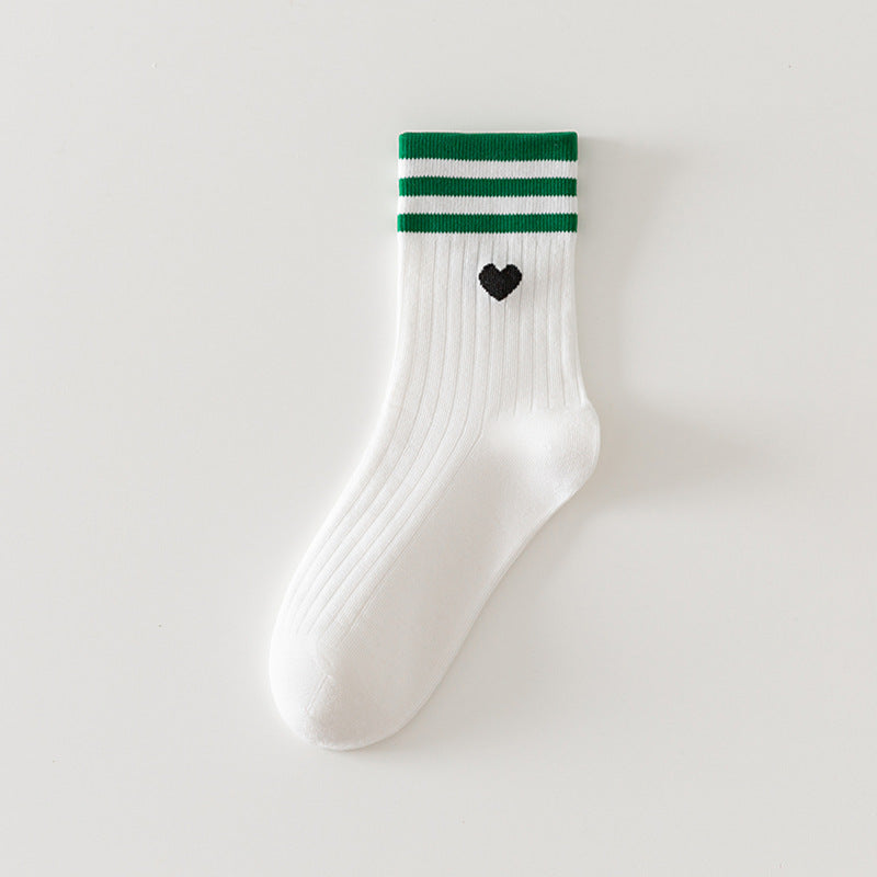 Heart Embroidered Varsity Stripe Crew Socks - WhiteGreen