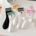 Heart Embroidered Varsity Stripe Crew Socks - WhitePink