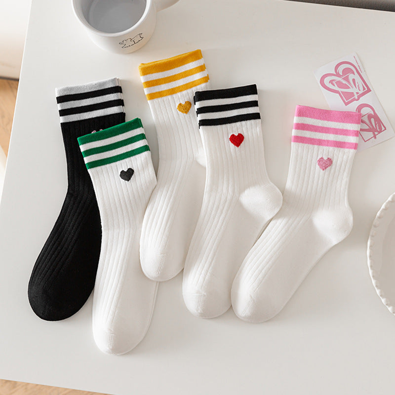 Heart Embroidered Varsity Stripe Crew Socks - WhitePink