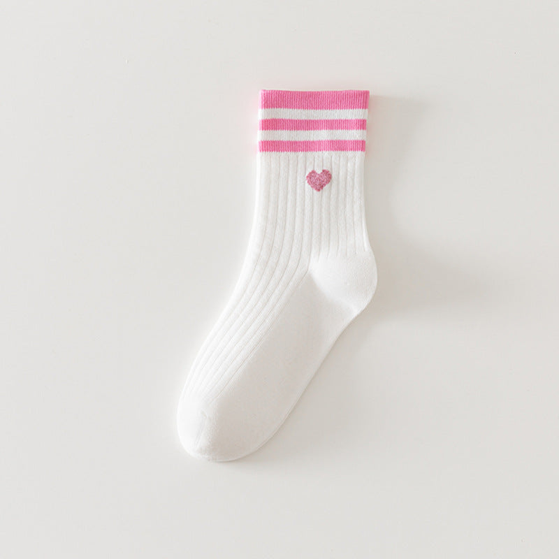 Heart Embroidered Varsity Stripe Crew Socks - WhitePink - 1