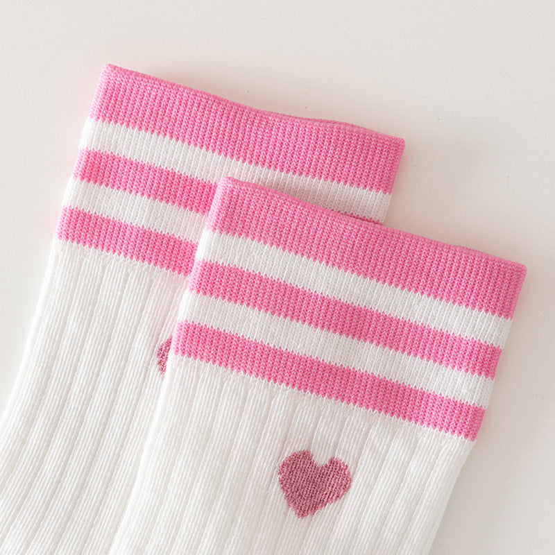 Heart Embroidered Varsity Stripe Crew Socks - WhitePink - 2