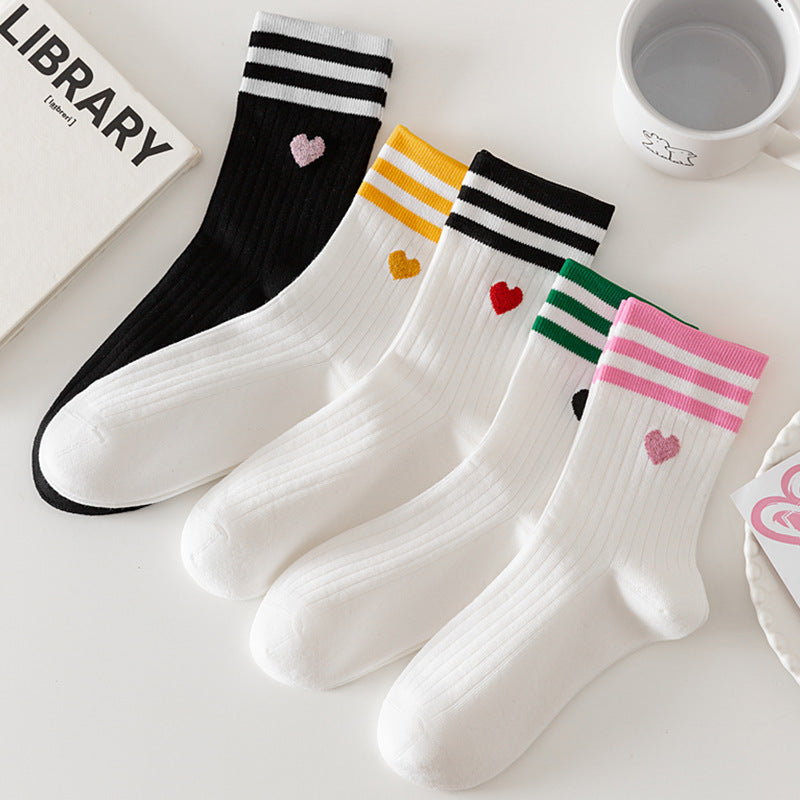 Heart Embroidered Varsity Stripe Crew Socks - WhitePink - 5
