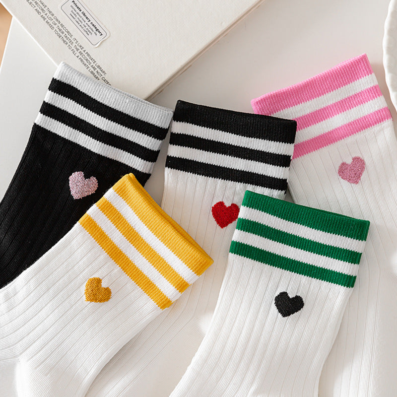 Heart Embroidered Varsity Stripe Crew Socks - WhitePink - 6
