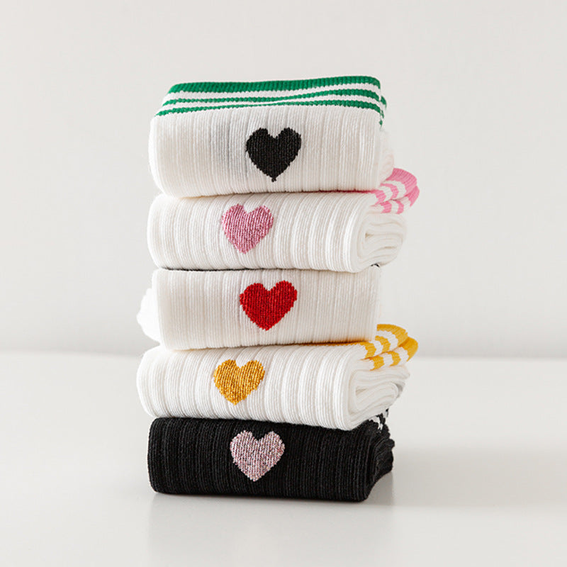 Heart Embroidered Varsity Stripe Crew Socks - WhitePink - 7