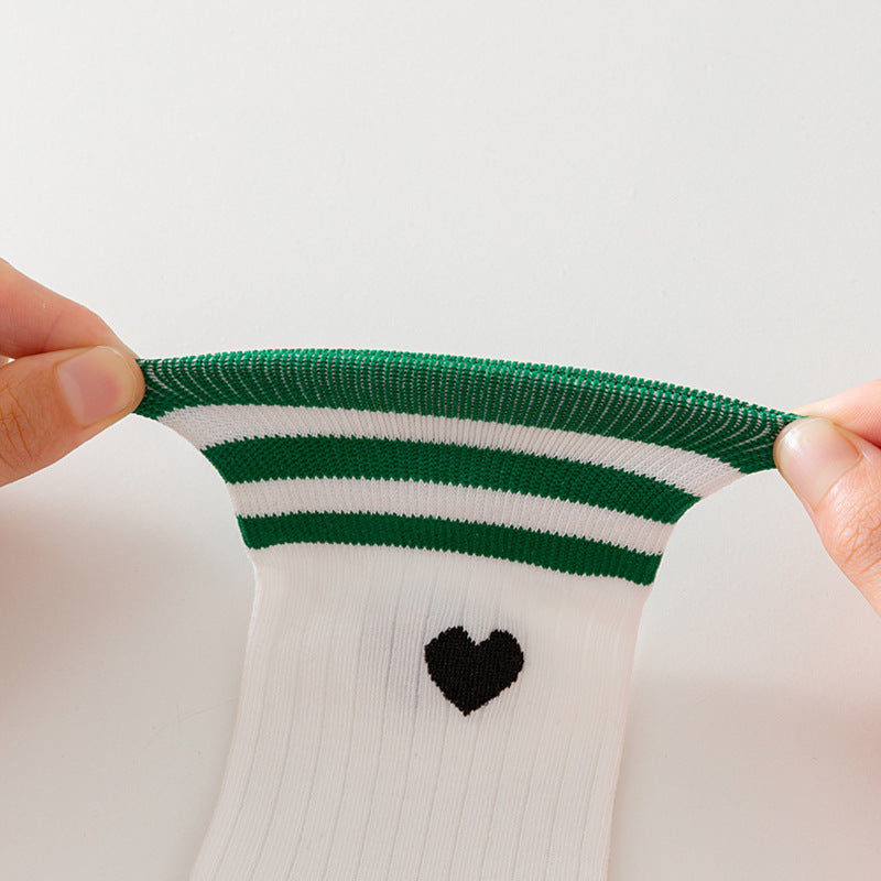 Heart Embroidered Varsity Stripe Crew Socks - WhitePink - 8