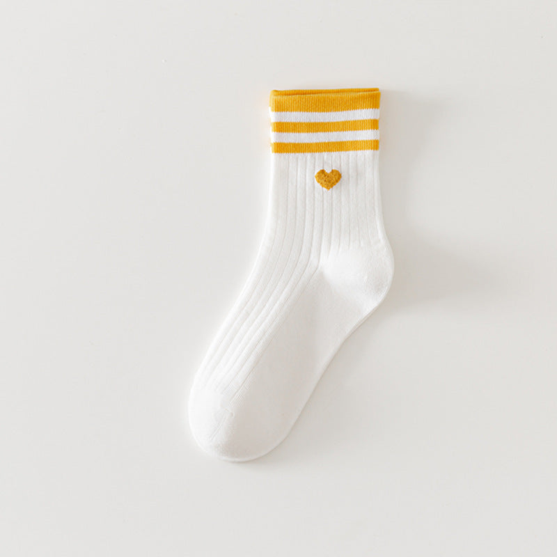 Heart Embroidered Varsity Stripe Crew Socks - WhiteYellow