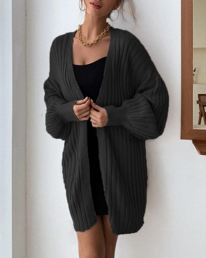 Ribbed Batwing Sleeve Oversized Open Cardigan - Black