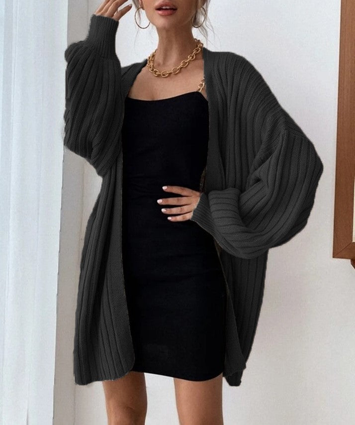 Ribbed Batwing Sleeve Oversized Open Cardigan - Black - 1