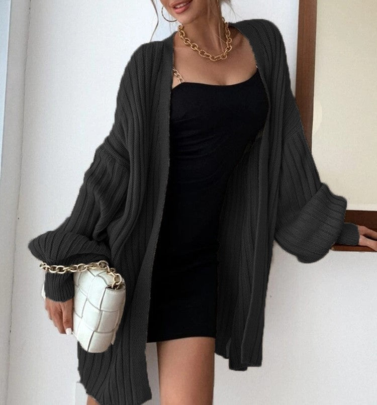 Ribbed Batwing Sleeve Oversized Open Cardigan - Black - 2