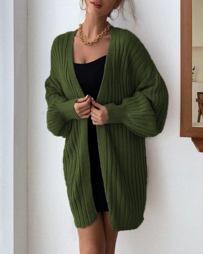 Ribbed Batwing Sleeve Oversized Open Cardigan - Green