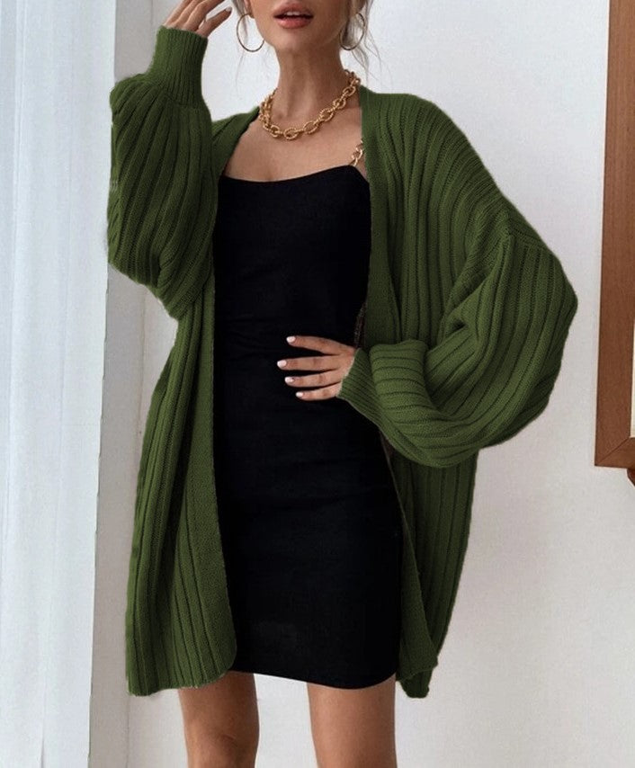 Ribbed Batwing Sleeve Oversized Open Cardigan - Green - 1