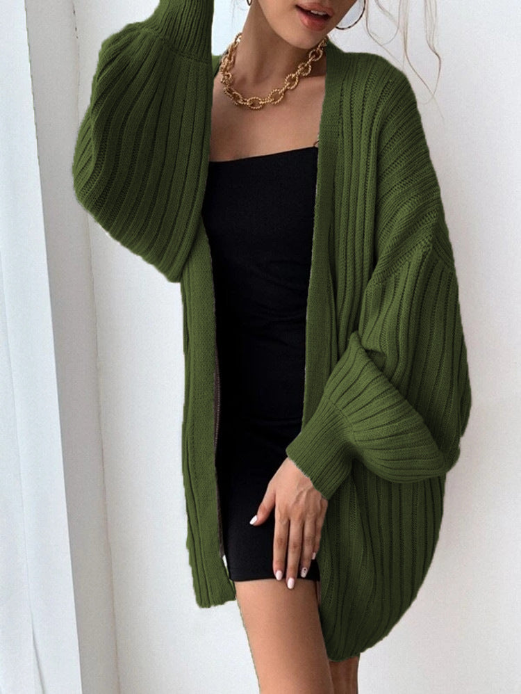 Ribbed Batwing Sleeve Oversized Open Cardigan - Green - 2