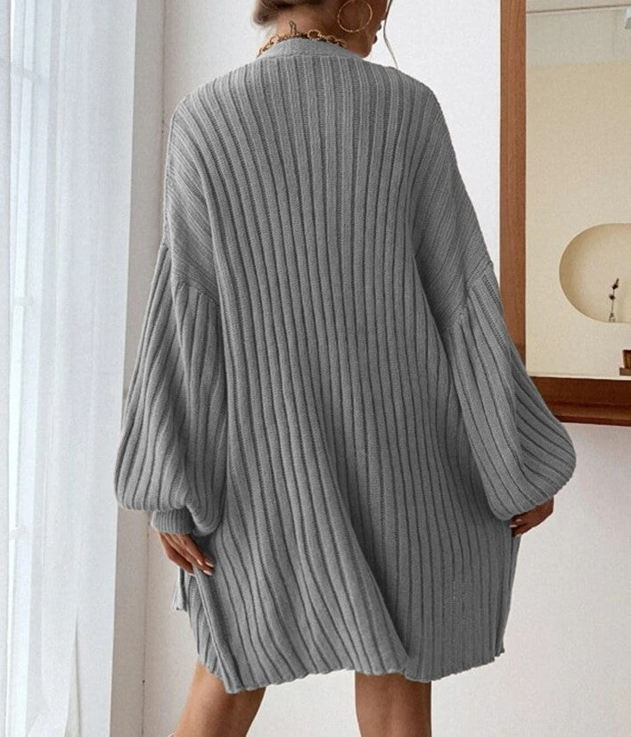 Ribbed Batwing Sleeve Oversized Open Cardigan - Grey - 1