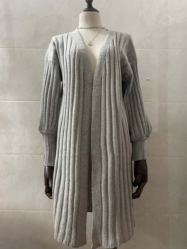 Ribbed Batwing Sleeve Oversized Open Cardigan - Grey - 2