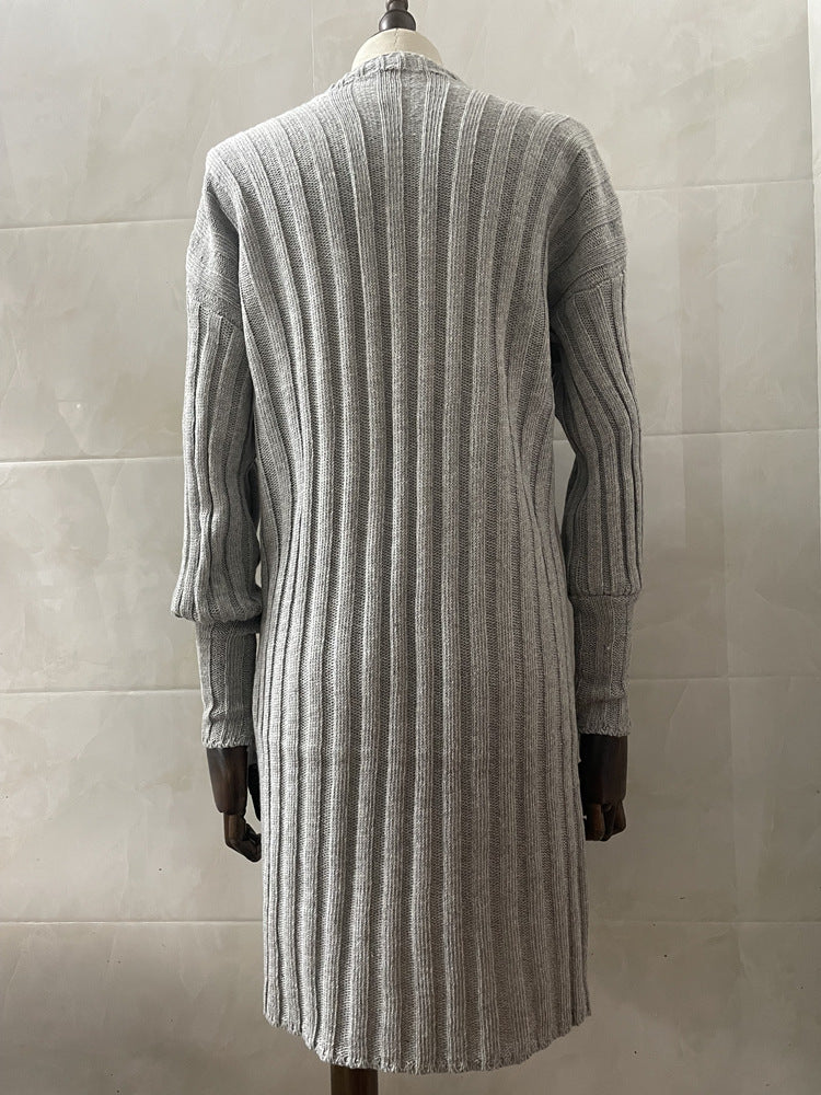 Ribbed Batwing Sleeve Oversized Open Cardigan - Grey - 3