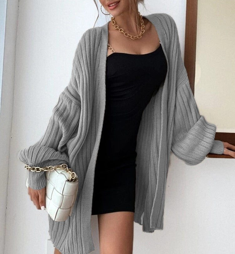 Ribbed Batwing Sleeve Oversized Open Cardigan - Grey - 4
