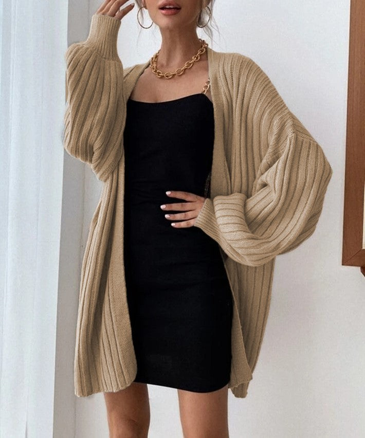Ribbed Batwing Sleeve Oversized Open Cardigan - Khaki