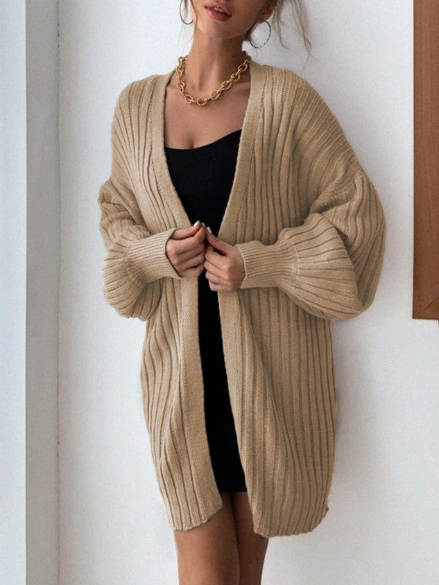 Ribbed Batwing Sleeve Oversized Open Cardigan - Khaki - 1