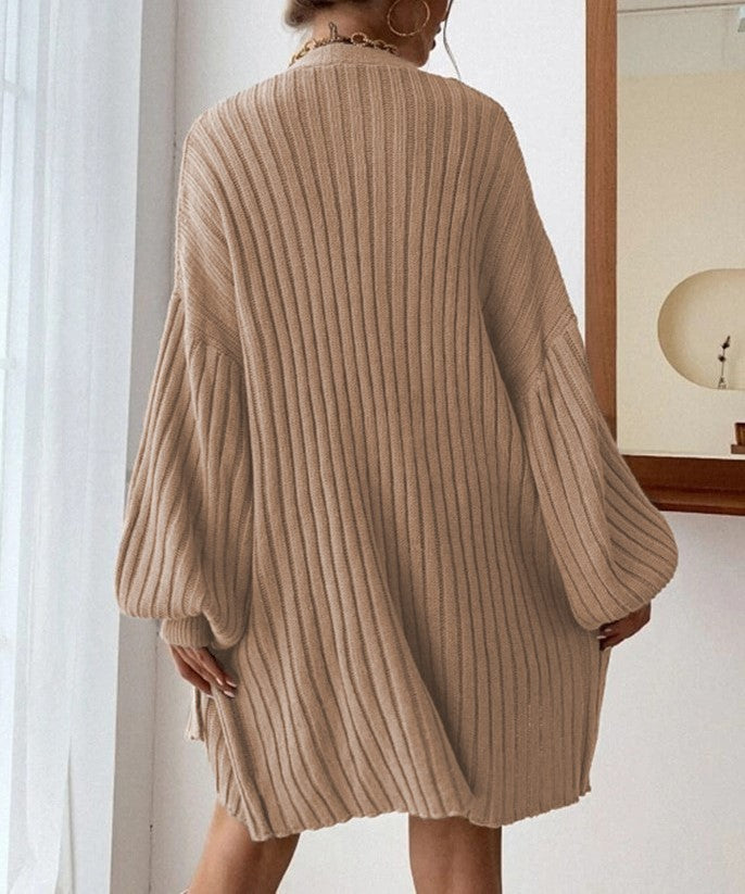 Ribbed Batwing Sleeve Oversized Open Cardigan - Khaki - 2