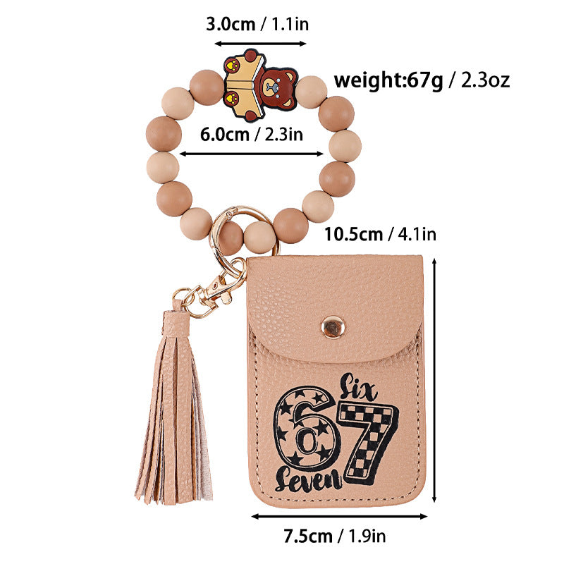 Graphic Print Bead Wristlet Card Holder Keychain - Coffee