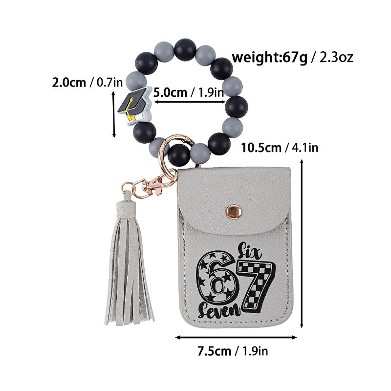 Graphic Print Bead Wristlet Card Holder Keychain - Grey