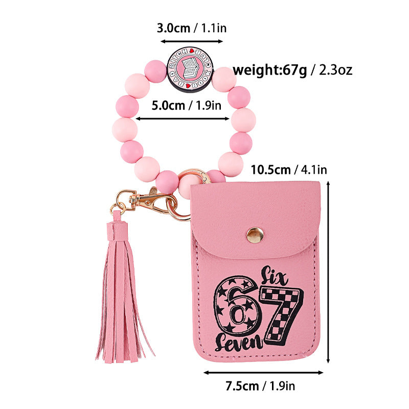 Graphic Print Bead Wristlet Card Holder Keychain - Pink