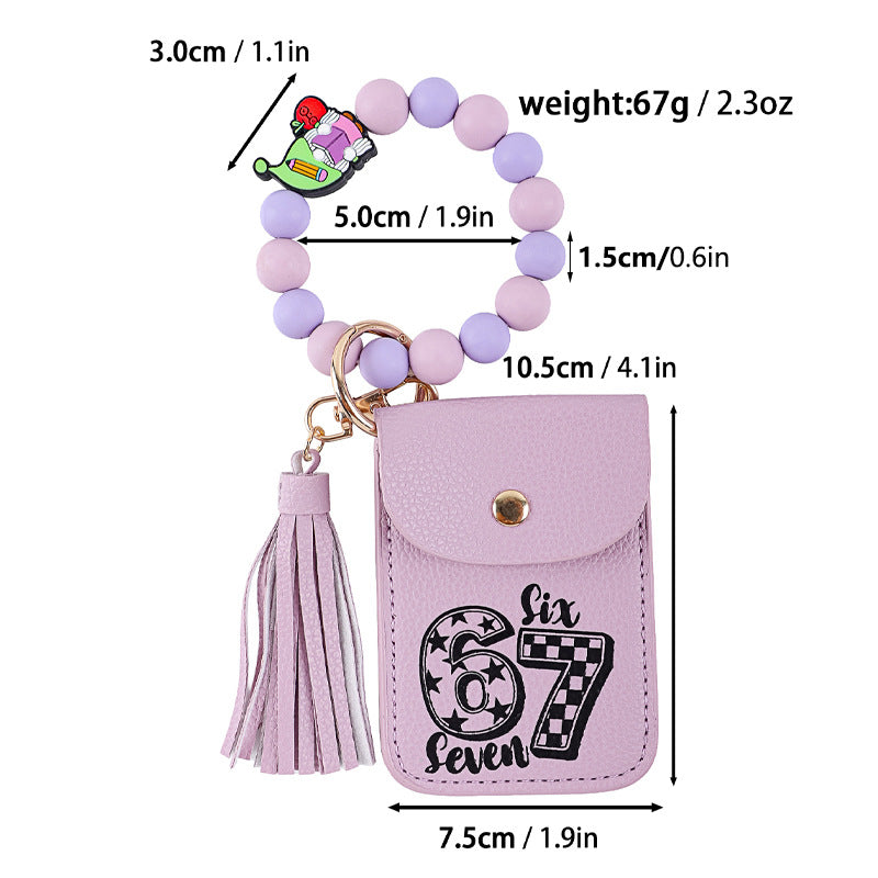 Graphic Print Bead Wristlet Card Holder Keychain - Purple