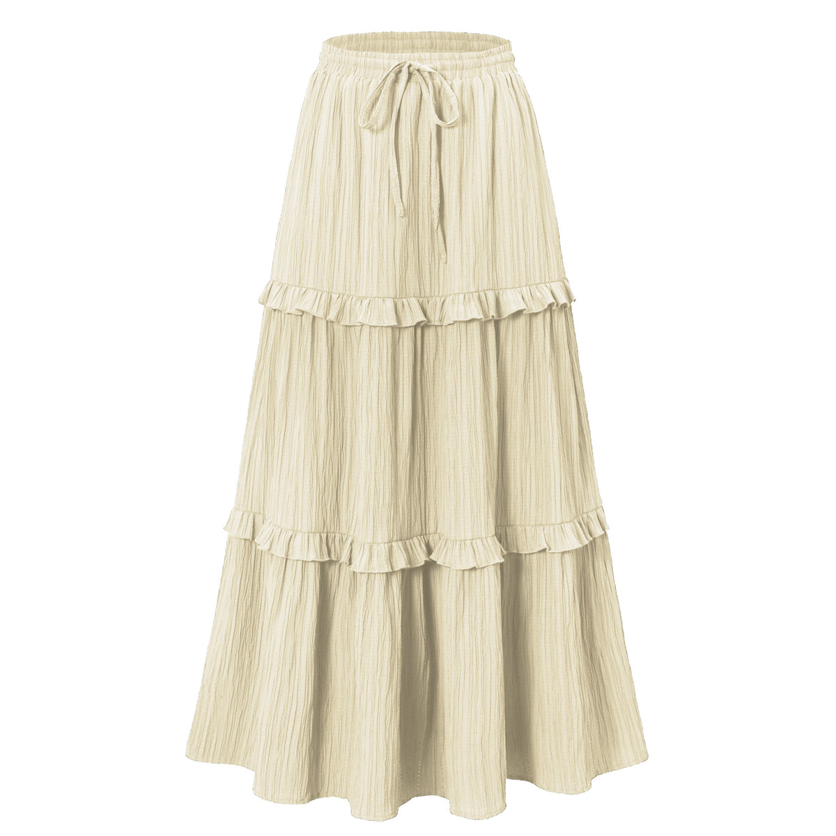 Crinkle Tiered Ruffle Maxi Skirt - Beige