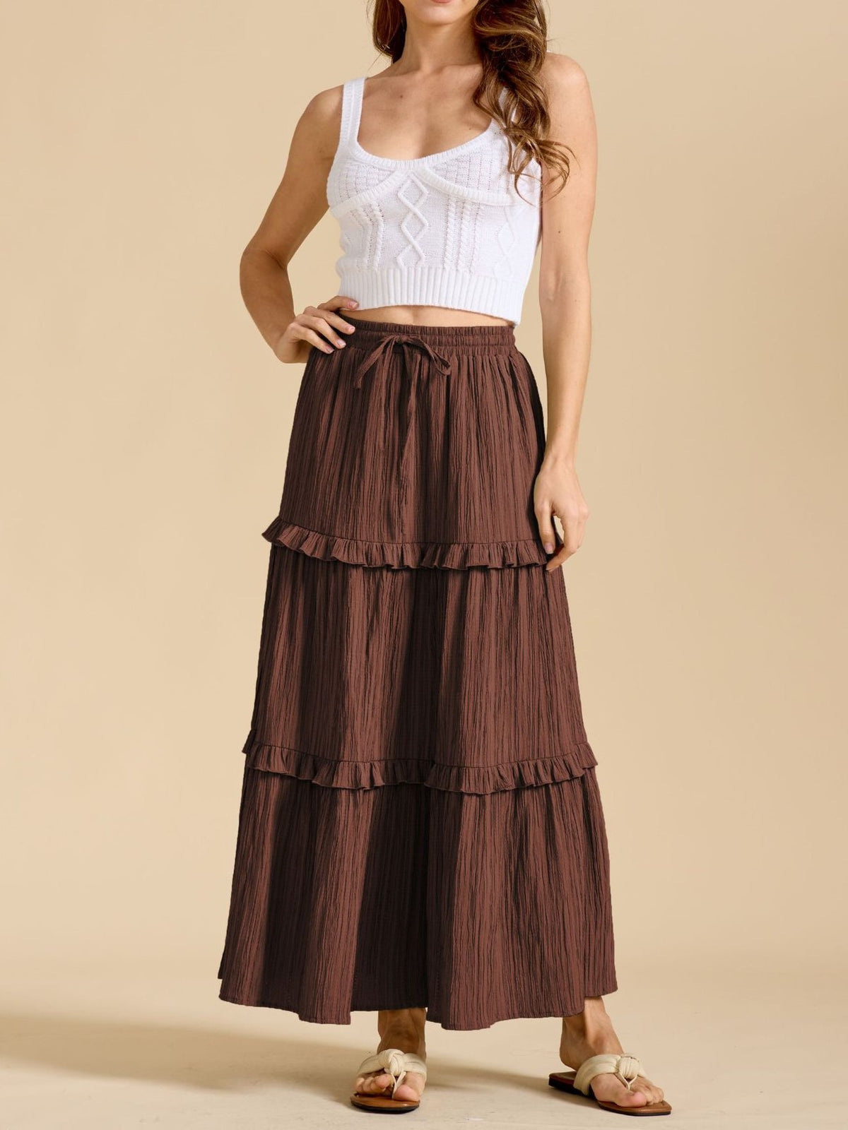 Crinkle Tiered Ruffle Maxi Skirt - Chocolate - 1