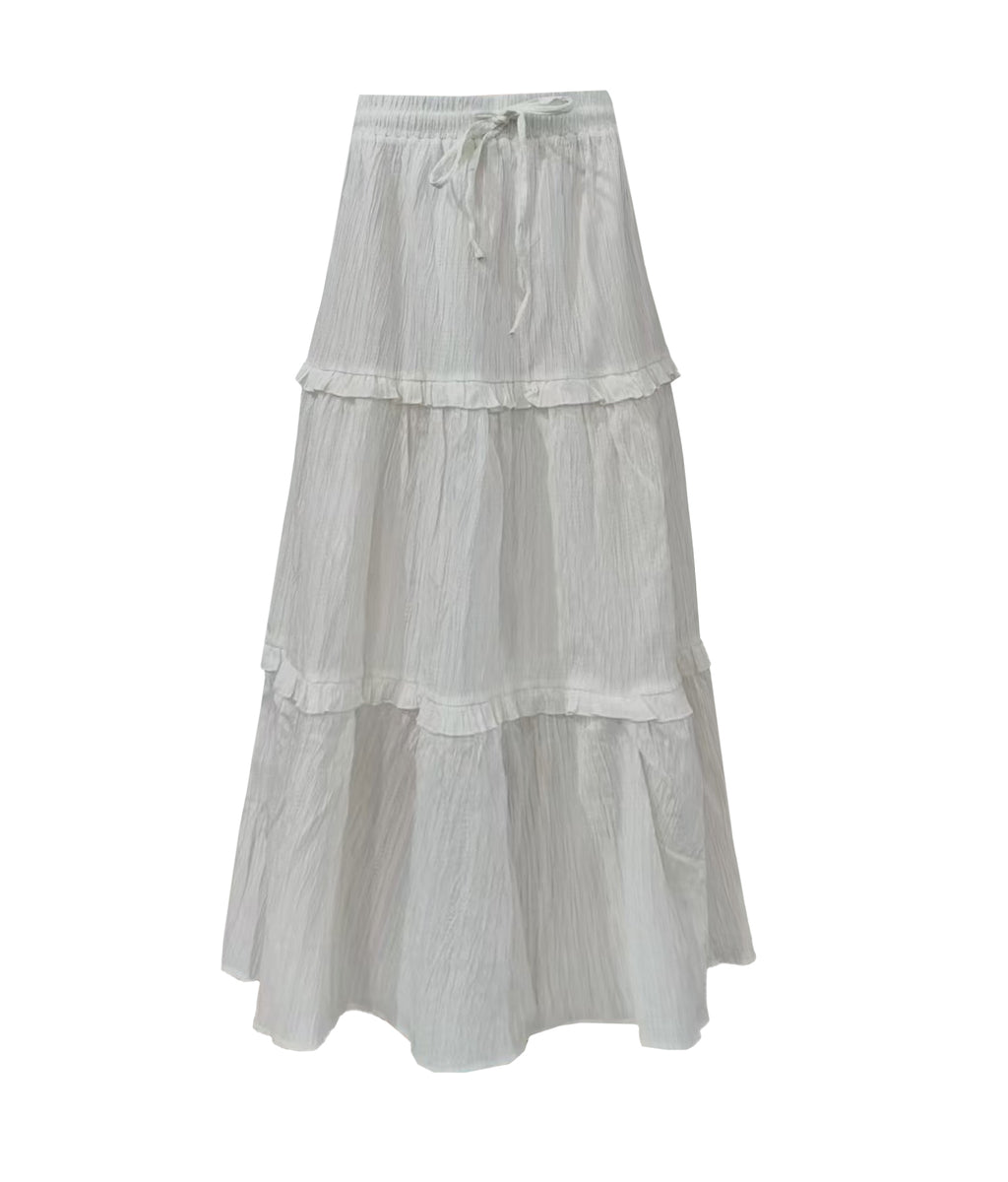 Crinkle Tiered Ruffle Maxi Skirt - White