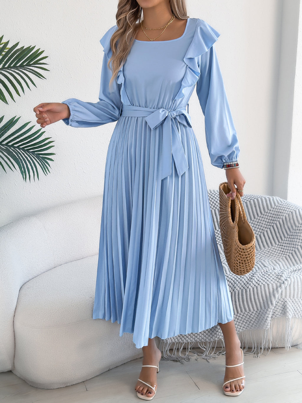 Ruffle Shoulder Pleated Maxi Dress - Blue