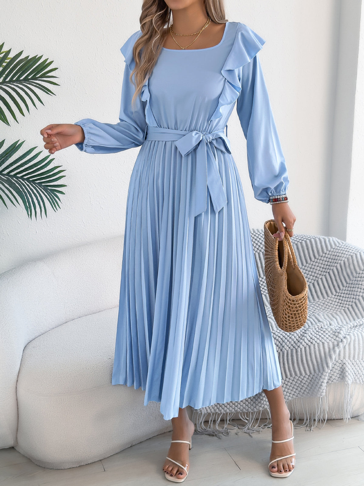 Ruffle Shoulder Pleated Maxi Dress - Blue