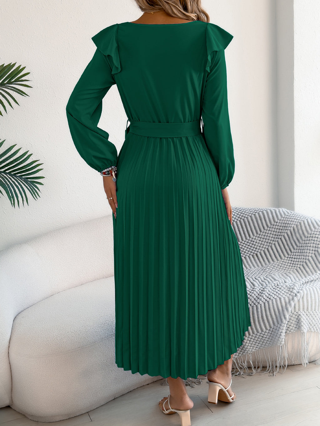 Ruffle Shoulder Pleated Maxi Dress - Green - 1