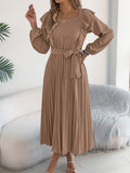 Ruffle Shoulder Pleated Maxi Dress - Khaki