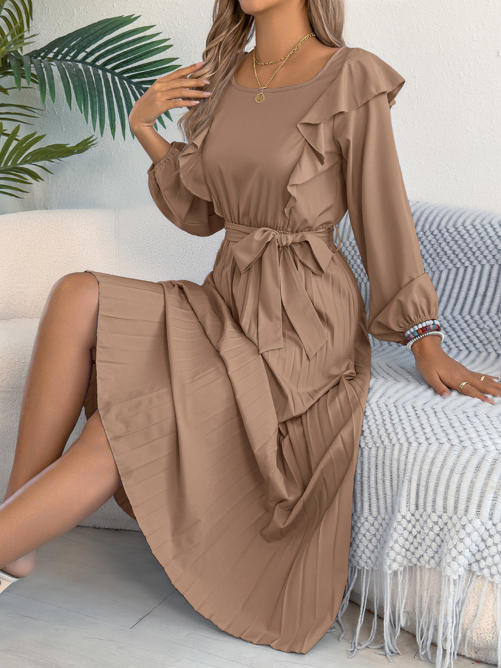 Ruffle Shoulder Pleated Maxi Dress - Khaki - 1
