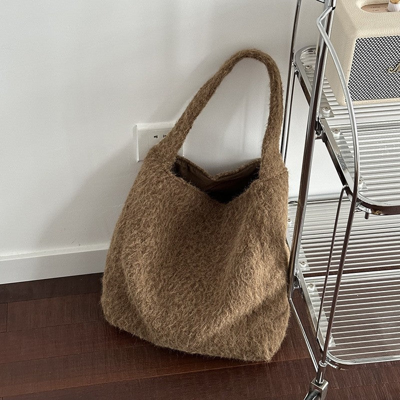 Fuzzy Brushed Slouchy Shoulder Tote Bag - Brown
