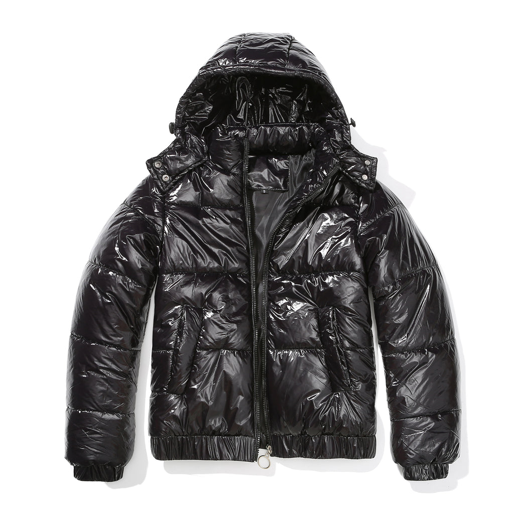 Glossy Hooded Cropped Puffer Jacket - Black - 1