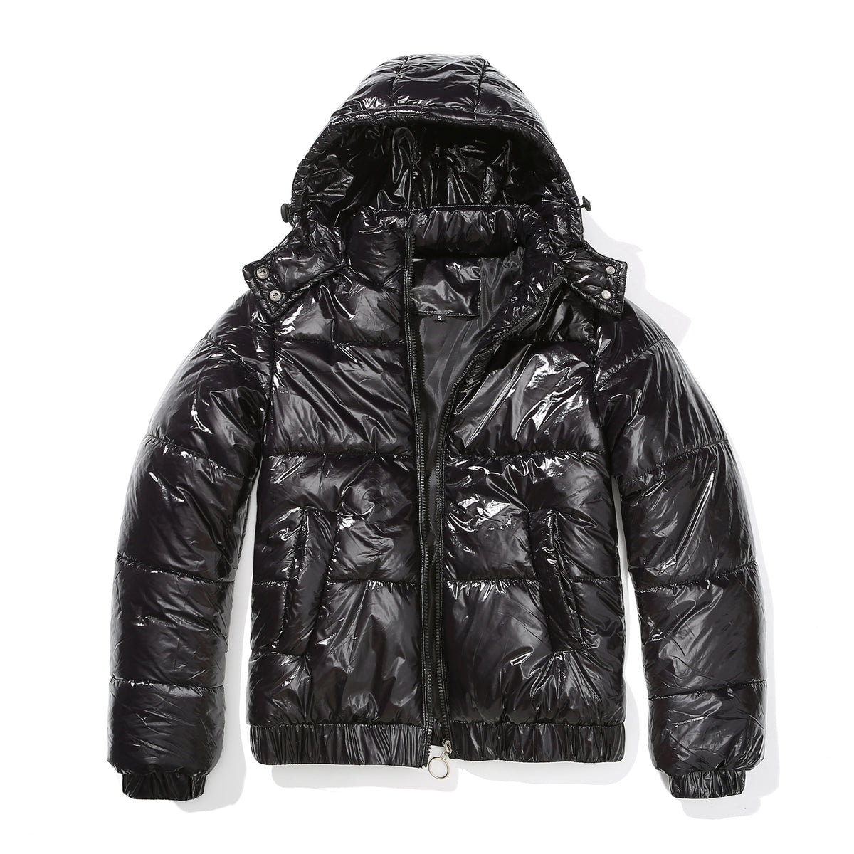 Glossy Hooded Cropped Puffer Jacket - Black - 1