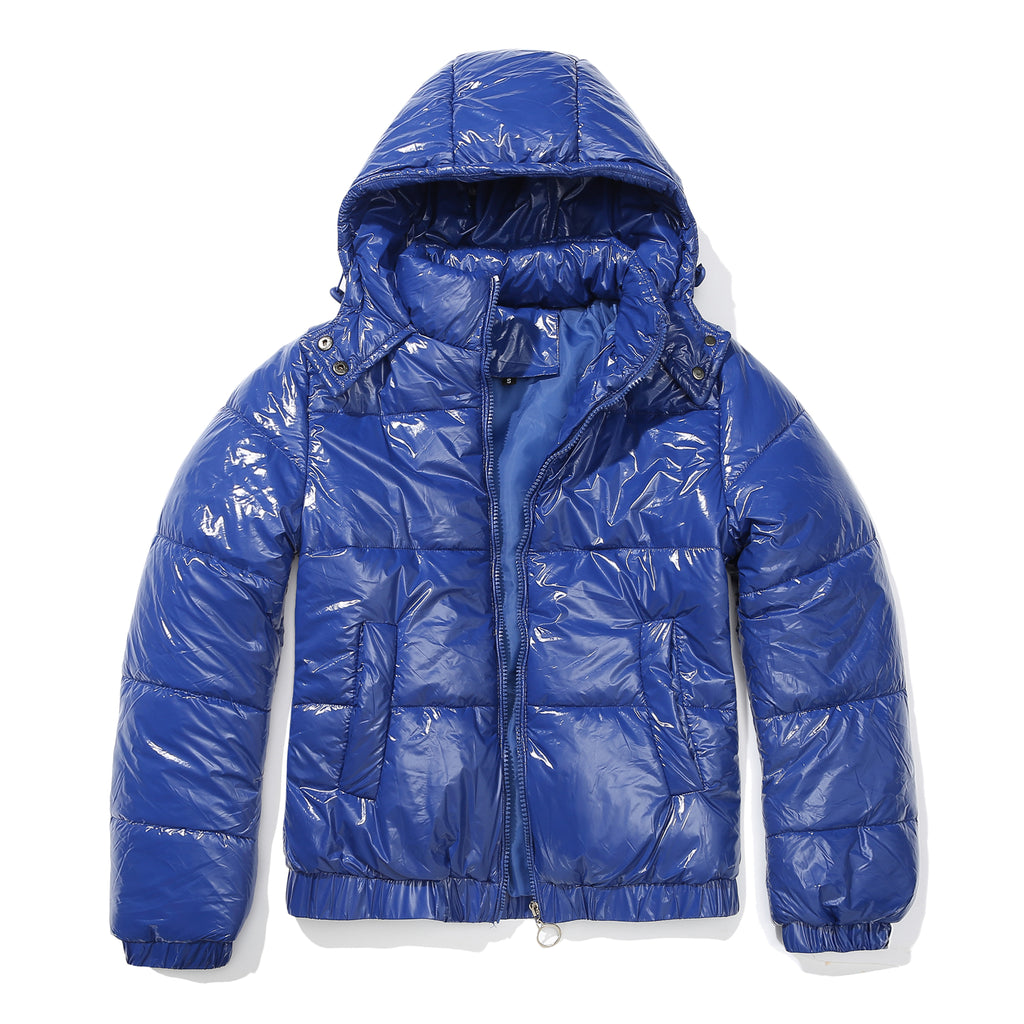 Glossy Hooded Cropped Puffer Jacket - Blue