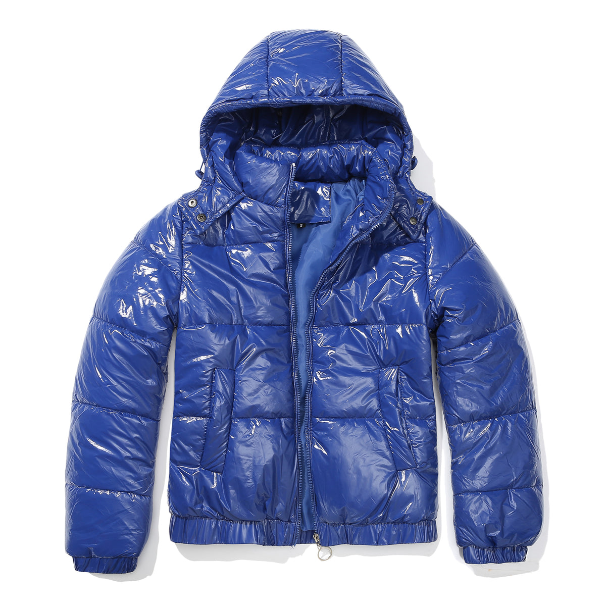 Glossy Hooded Cropped Puffer Jacket - Blue