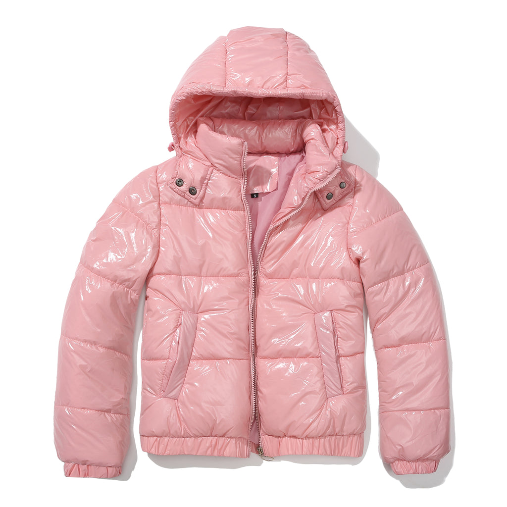 Glossy Hooded Cropped Puffer Jacket - Pink