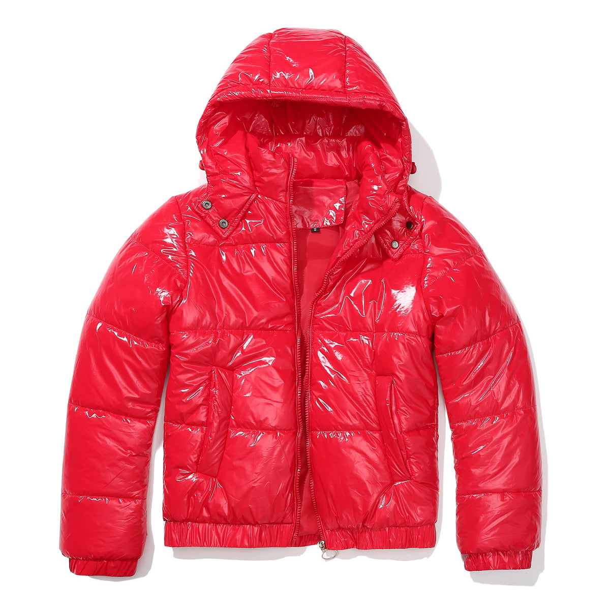 Glossy Hooded Cropped Puffer Jacket - Red