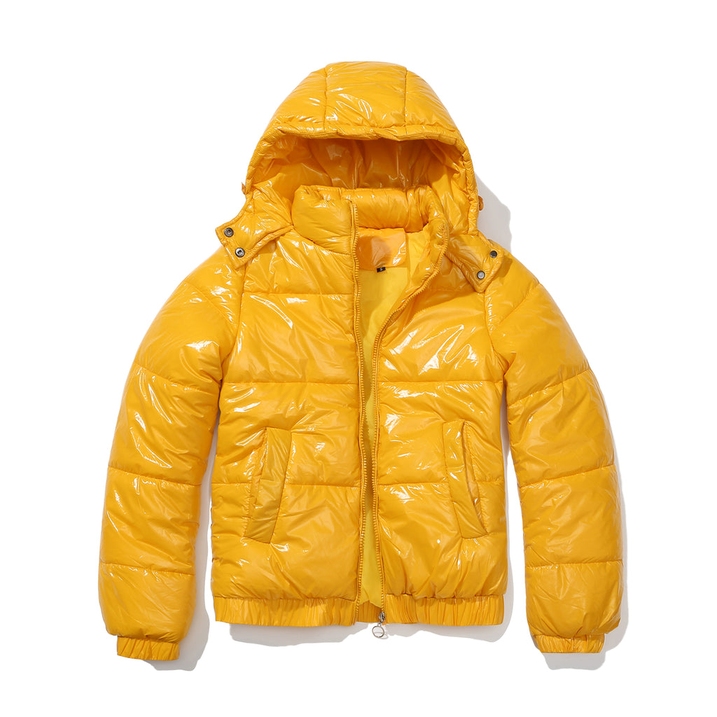 Glossy Hooded Cropped Puffer Jacket - Yellow