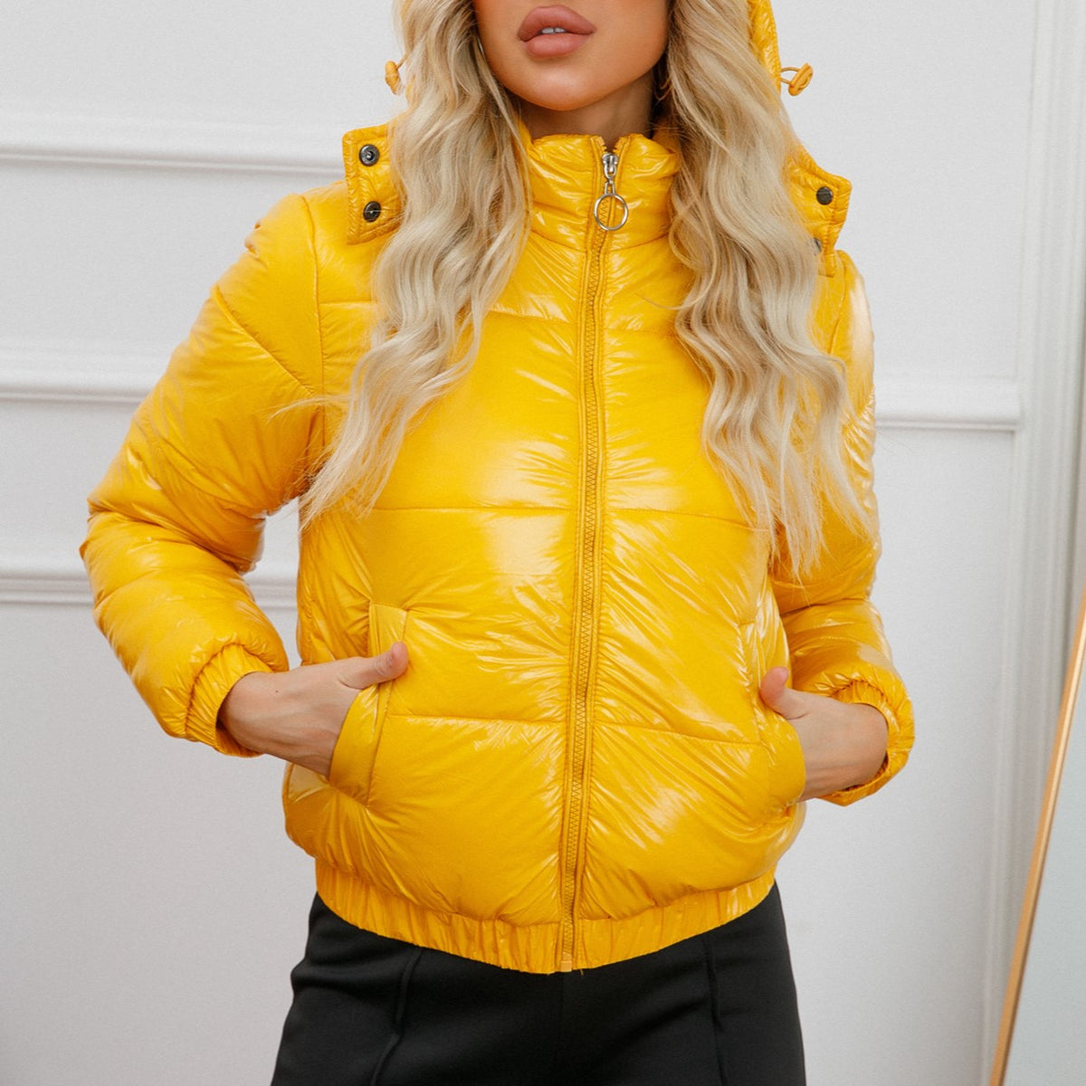 Glossy Hooded Cropped Puffer Jacket - Yellow - 1