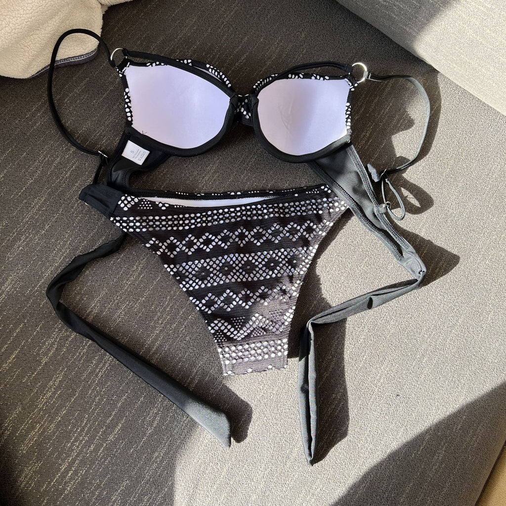 Openwork Mesh Underwire Push Up Bikini Set - Black - 1