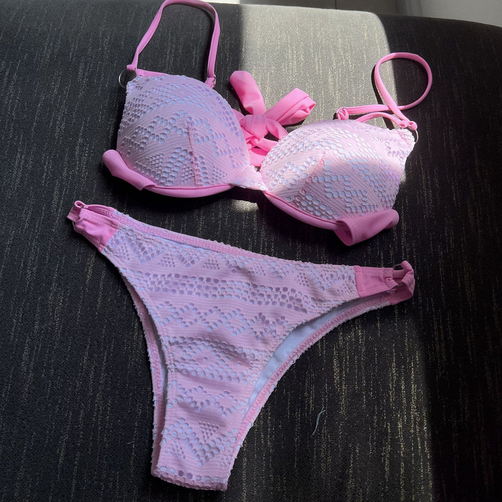 Openwork Mesh Underwire Push Up Bikini Set - Pink - 1