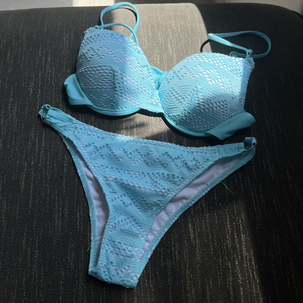 Openwork Mesh Underwire Push Up Bikini Set - Sky Blue - 1