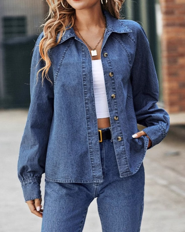 Relaxed Denim Shirt Jacket With Slash Pockets - Blue